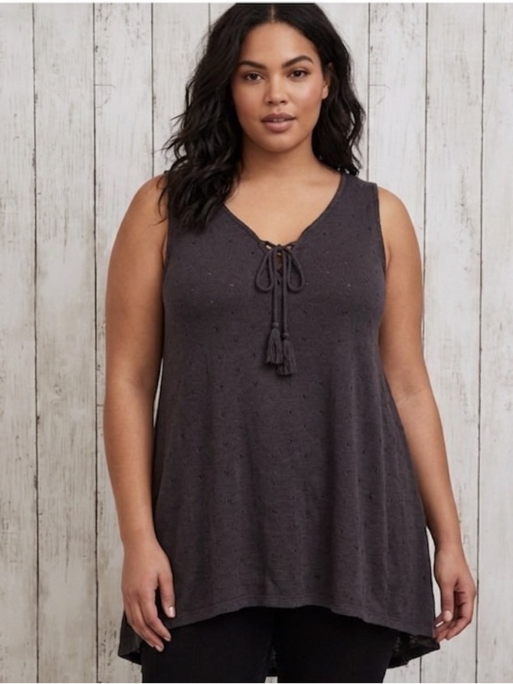 Torrid Dark Grey Swiss Dot Lace-Up Tank 1